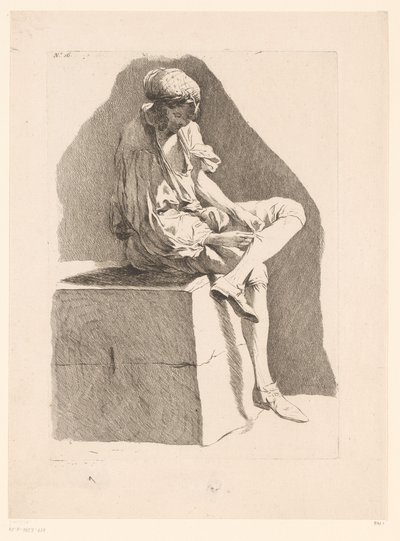 Caricatura de um menino costurando sua meia Caricaturas após J. Saly (título da série) Recueil de caricatures dessinées Par J. Saly et Gravées par A.L. De Lalive D.J. (título da série) de Ange Laurent de, marquis de Rémoville Lalive