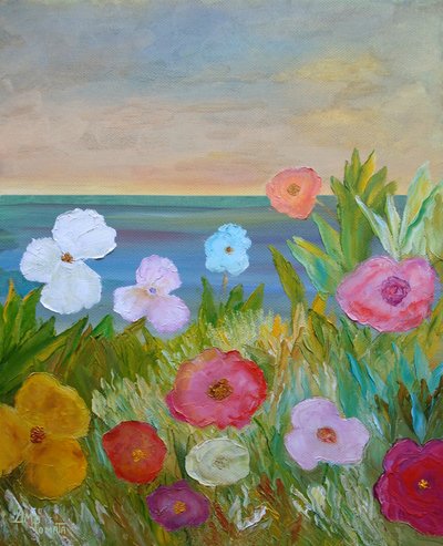 Flores coloridas com vista para o mar de Angeles M. Pomata