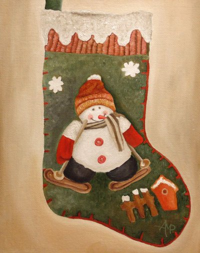 Meia de Natal com boneco de neve a esquiar de Angeles M. Pomata