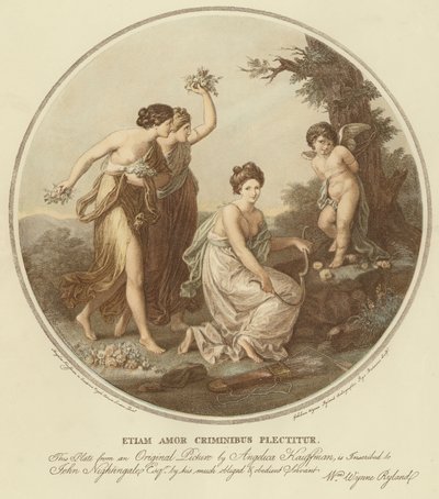 Duas ninfas fazem troça do cupido que está amarrado a uma árvore (cor litho) de Angelica (after) Kauffmann