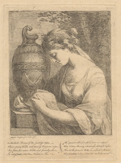 Uma mulher a chorar junto a uma urna de Angelica Kauffmann