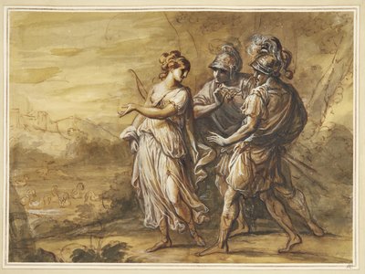 Cena mitológica. Jovem mulher com arco enfrentando dois homens armados de Angelica Kauffmann