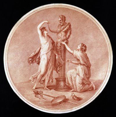 Ninfas, adornando uma estátua de Pan, gravada por William Wynne Ryland (1732-83) 1776 (gravura stipple vermelho) de Angelica after Kauffmann