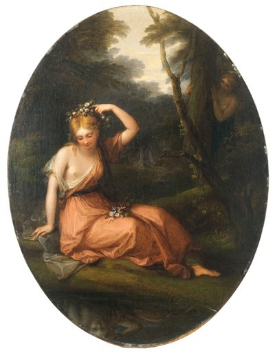 Silvia, enfeitando-se com flores enquanto observada por Daphne, 1783. de Angelica Kauffmann