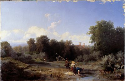 Paisagem ou "Fishing" (Pesca no rio) Pintura de Angelo Beccaria (1820-1897) 1855 Dim 94x146 cm Genes, Galleria d