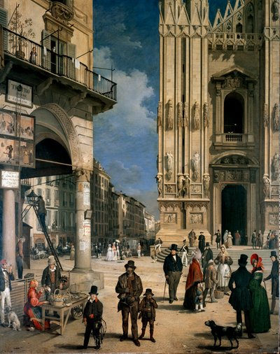 Marche de Figini em Milão (Piazza del Duomo com um canto do Coperto dei Figini) Detalhe de Angelo Inganni