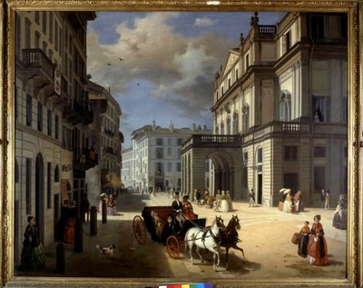 Representação da Plaza de la Scala em Milão por Angelo Inganni. Século XIX. Pinacoteca di Brera, Milão. de Angelo Inganni