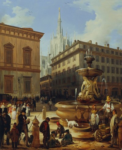 Vista da rua de Milão, ao fundo a catedral de Angelo Inganni