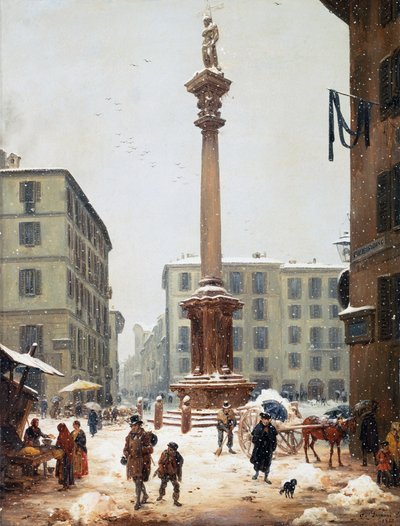 A coluna do Redentor em Verziere (mercado de mercearia) vista da antiga rua de San Bernardino em Milão de Angelo Inganni