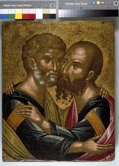 Ícone do abraço dos apóstolos Pedro e Paulo (óleo sobre tela no painel) de Angelos Akotantos