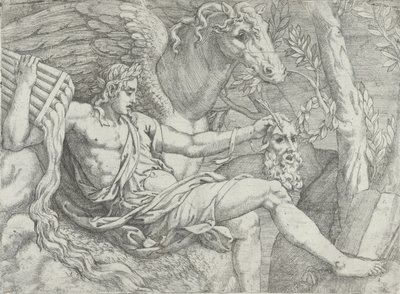 Apolo segurando cachimbos na mão direita acompanhado por Pegasus, 1556-60. de Angiolo Falconetto