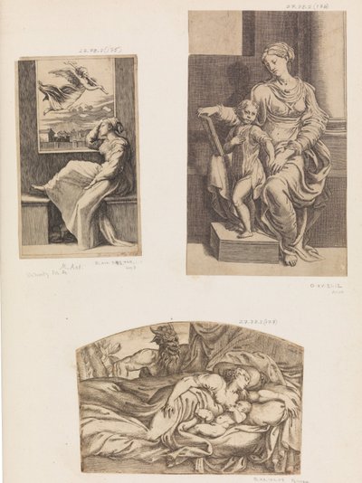 Mulher e anjo, virgem e criança, sátiro observando uma jovem mãe e criança dormindo, 1555-1567. de Angiolo Falconetto