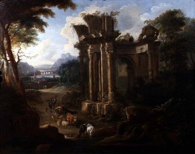 Paisagem Clássica com um Cowherd Regando seu Gado, c.1720 (óleo sobre tela) de Anglo Flemish School