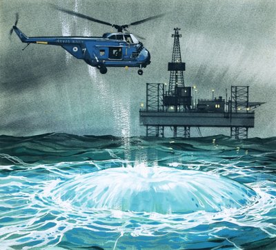 Um helicóptero aproxima-se de uma plataforma petrolífera de Angus McBride