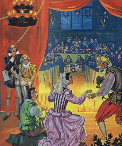 Uma representação de Twelfth Night em frente à Rainha Isabel I, com Shakespeare a ouvir atrás da cortina (litografia a cores) de Angus McBride