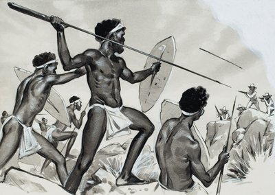 Aborígenes sob ataque (guache sobre papel) de Angus McBride