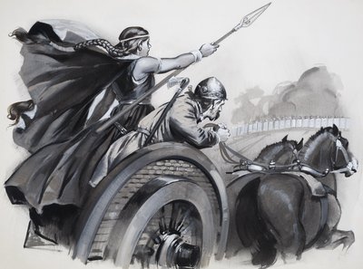 Boadiceia a incitar a fúria dos bretões contra os seus senhores romanos (guache sobre papel) de Angus McBride