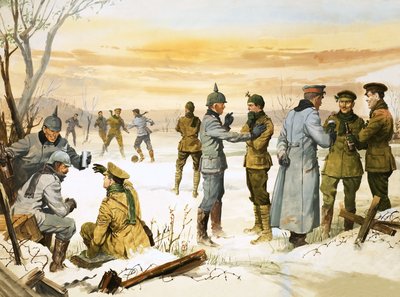 Soldados britânicos e alemães fazem uma trégua de Natal durante a Grande Guerra de Angus McBride