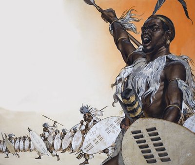 Chaka em combate à frente do regimento de Tulwana impi (guache sobre papel) de Angus McBride