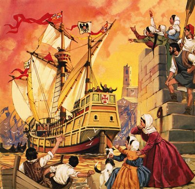 Cristóvão Colombo embarca no Santa Maria em agosto de 1492 de Angus McBride
