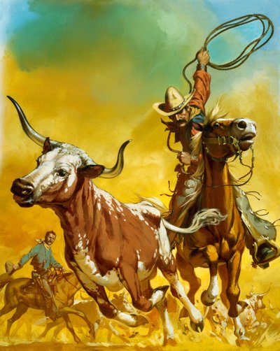 Vaqueiro a laçar gado (guache sobre papel) de Angus McBride