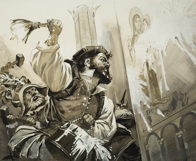 Fanáticos que assaltam as igrejas de Basileia na Suíça protestante (guache sobre papel) de Angus McBride