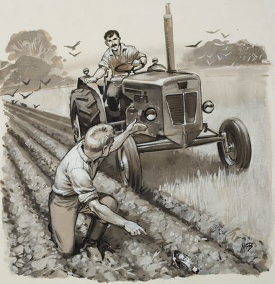 Agricultor à descoberta de uma relíquia de antiquário (guache sobre papel) de Angus McBride