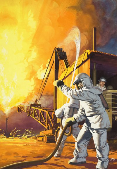 Bombeiro com fato de segurança a combater um incêndio num campo petrolífero de Angus McBride