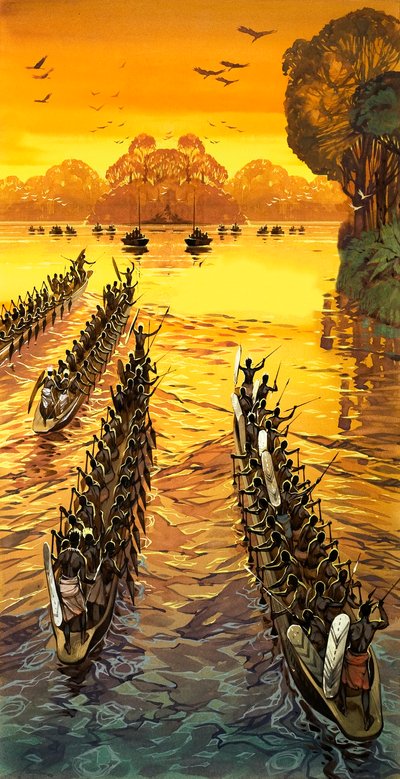 Henry Stanley, à procura de Livingstone, teve de enfrentar tribos hostis em canoas de guerra de Angus McBride