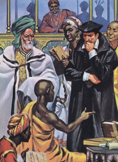 Ideias em debate no Parlamento das Religiões de Akbars (litografia a cores) de Angus McBride