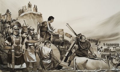 Júlio César (100-44 a.C.) conduziu os seus soldados através do pequeno rio Rubicão e marchou sobre Roma (guache sobre papel) de Angus McBride