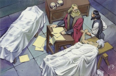 Leonardo Da Vinci investigando a anatomia humana, utilizando os cadáveres de homens que tinham morrido no hospital (guache sobre papel) de Angus McBride