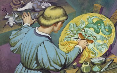 Leonardo Da Vinci a pintar um escudo para impressionar o pai (guache sobre papel) de Angus McBride