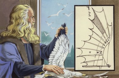 Leonardo Da Vinci estudando aves para descobrir como um homem pode voar (guache sobre papel) de Angus McBride
