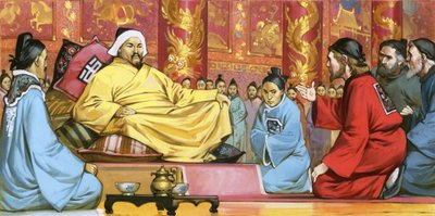 Marco Polo na corte de Kublai Khan, século XX (guache sobre papel) de Angus McBride