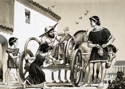 Comerciante que vendia artigos na parte de trás de uma carruagem na época romana de Angus McBride