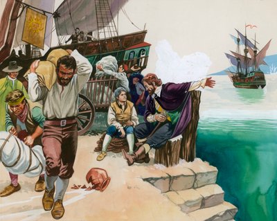 Piratas a desembarcar no porto de Angus McBride