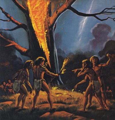 O homem pré-histórico e o fogo (litografia a cores) de Angus McBride