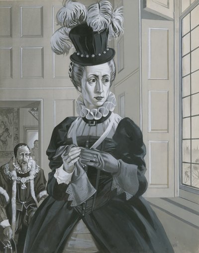 A Rainha Isabel I, ao ouvir a notícia da execução de Maria, Rainha dos Escoceses (guache sobre papel) de Angus McBride
