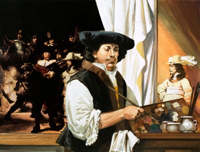 Rembrandt pintando o seu famoso retrato dos Guardas Cívicos de Angus McBride