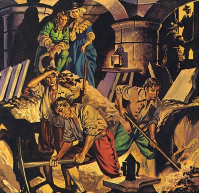 Samuel Pepys à procura de um tesouro de dinheiro supostamente escondido na Torre de Londres (litografia a cores) de Angus McBride