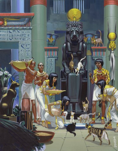 Servos alimentando gatos num antigo templo egípcio (guache sobre papel) de Angus McBride
