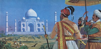 Shan Jahan a observar a construção do Taj Mahal (litografia a cores) de Angus McBride