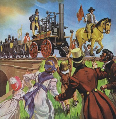 Caminho de ferro de Stockton e Darlington (litografia a cores) de Angus McBride