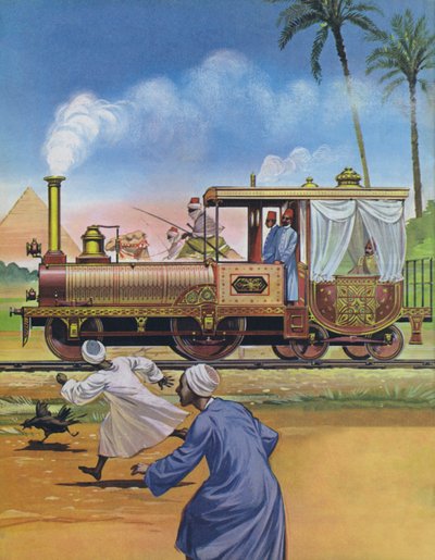 O Khedive do Egito mandou construir uma locomotiva e uma carruagem em Inglaterra em 1862 (litografia a cores) de Angus McBride