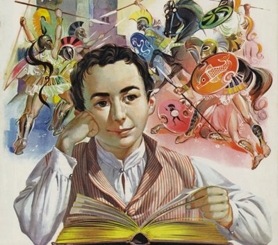 O jovem Heinrich Schliemann a sonhar com uma Troia desaparecida (litografia a cores) de Angus McBride