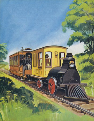 Comboio elétrico de Thomas Edisons, construído em 1882 (litografia a cores) de Angus McBride