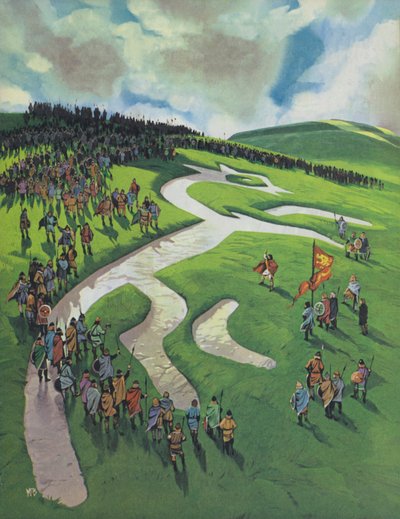 Cavalo branco de Uffington, construído por Alfredo, o Grande, após a batalha de Ashdown contra os dinamarqueses (litografia a cores) de Angus McBride