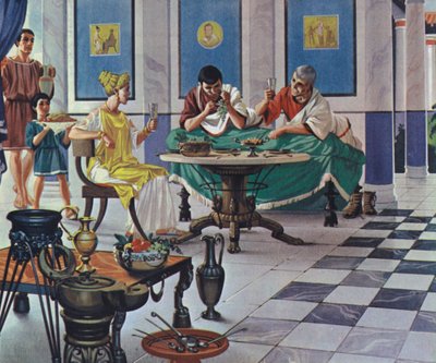 Família romana abastada, a saborear uma refeição (litografia a cores) de Angus McBride