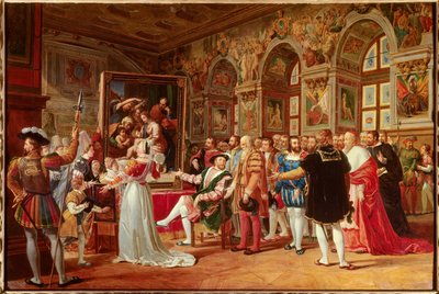 O século de François 1: François 1º Rei de França recebeu em Fontainebleau o quadro da Sagrada Família, enviado de Roma por Rafael (pintor italiano Raffaello sanzio) em homenagem à sua gratidão. Ao seu lado distinguimos: (Parte à esquerda ou à esquerda do  de Anicet Charles Gabriel Lemonnier